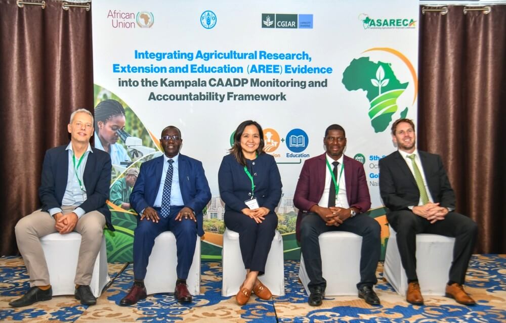 Representatives of the partner institutions , Gert-Jan Stads (CGIAR), Sylvester Dickson Baguma (ASARECA), Angelica Barlis (CGIAR); Mamadou Koutou (AUC), Hernan Munoz (FAO) at the workshop in Nairobi recently.